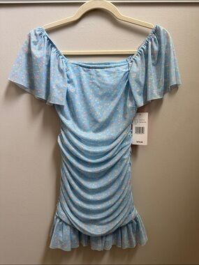 NWT With Jules Girls Blue Floral Flutter Sleeve Ruched Mini Dress size L 12/14